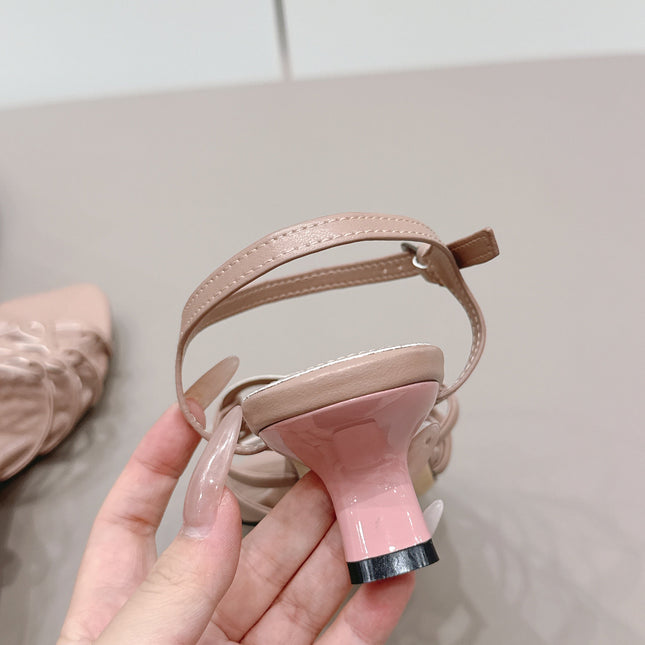 LOEWE 26S SQUARE TOE HEEL SANDALS 50MM IN PINK CALFSKIN LOGO