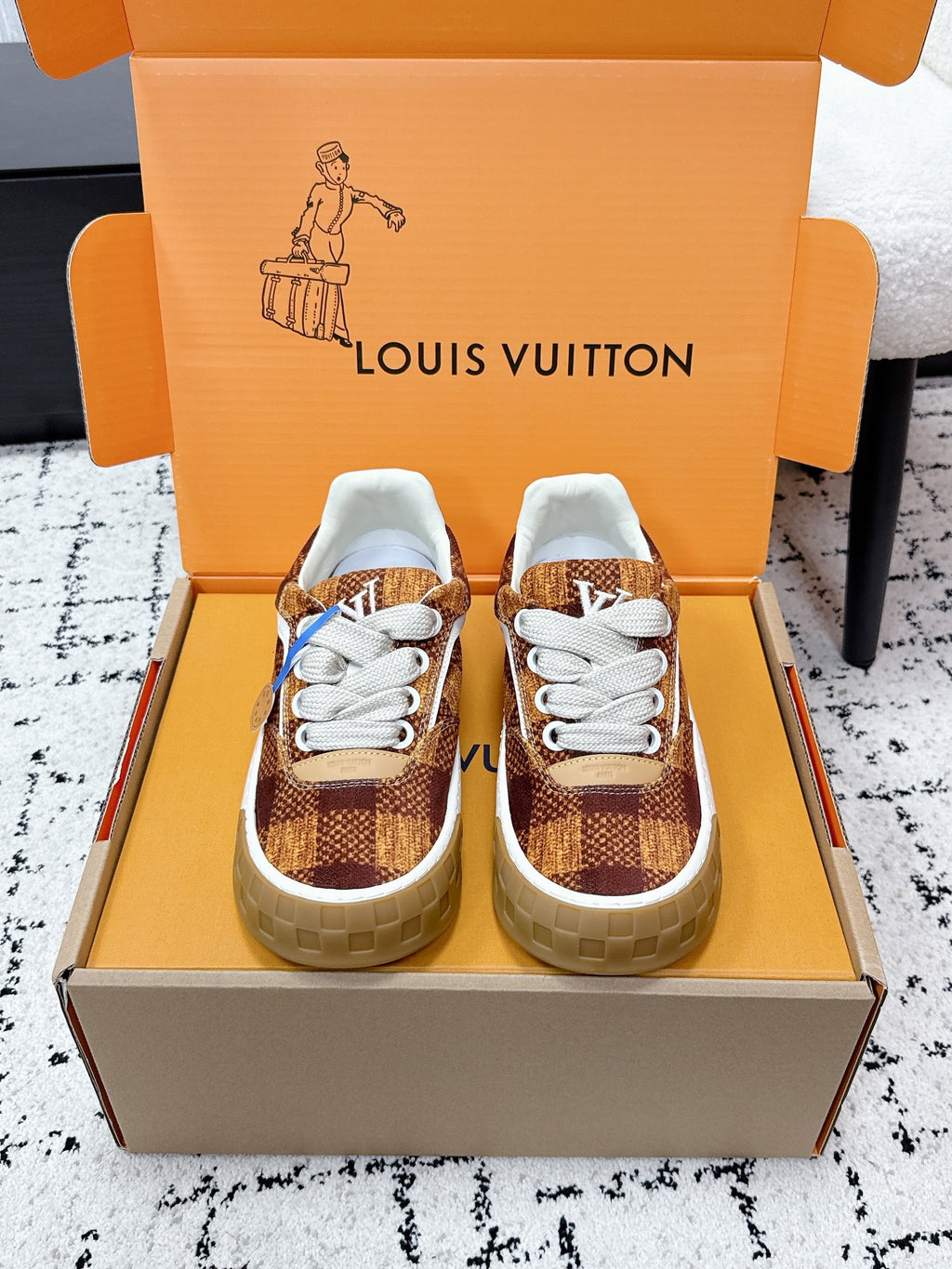 LV 26S TILTED SNEAKERS 40MM IN COGNAC BROWN FABRIC