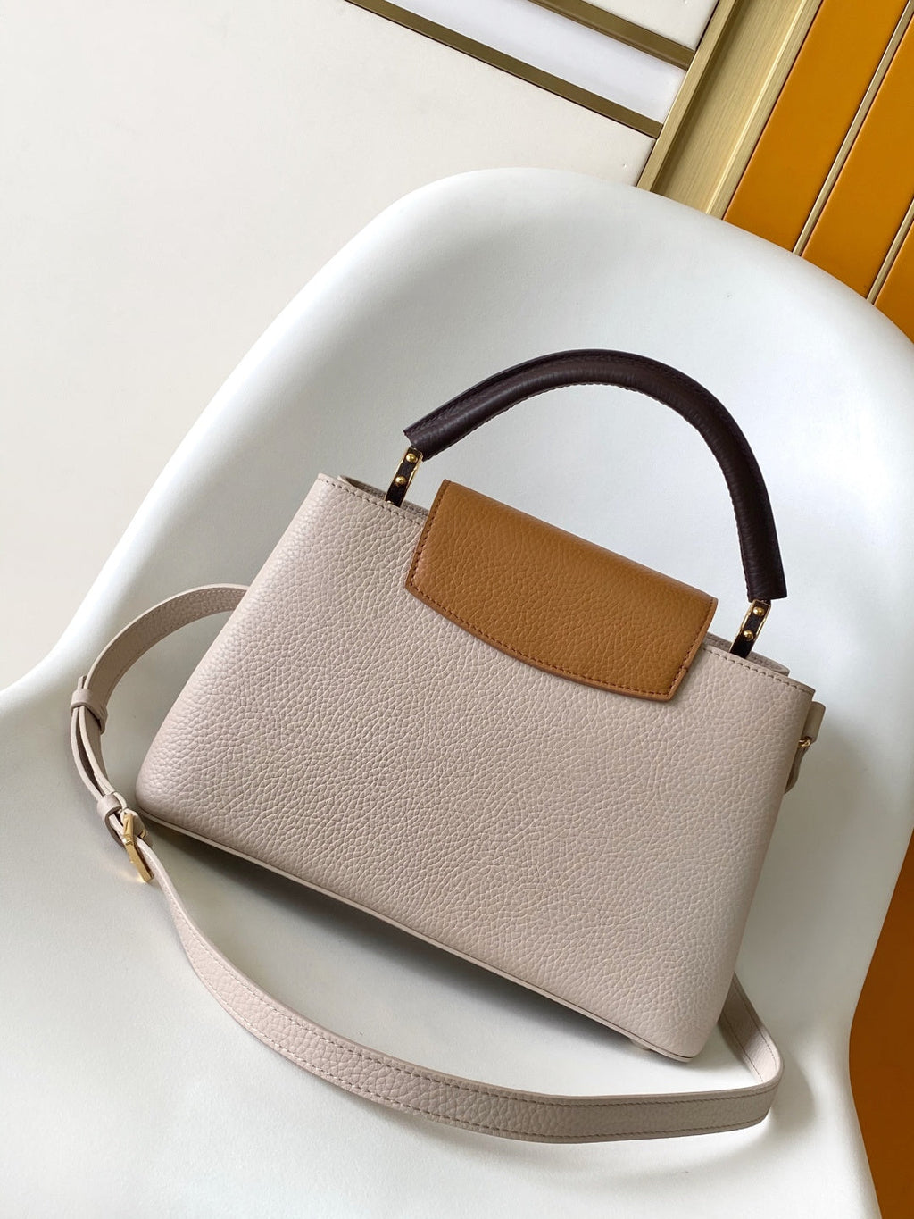 LV 26S CAPUCINES BAG 31 IN GRAYISH BEIGE TAURILLON CALFSKIN