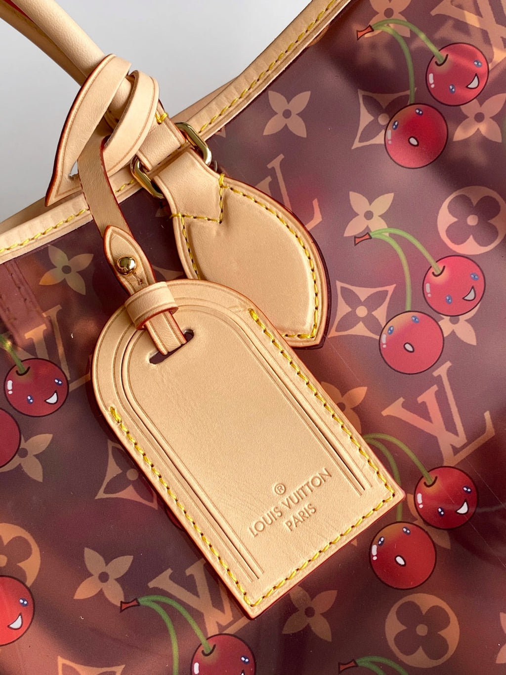 LV 26S ONTHEGO TOTE 41 IN CHERRY RED CLEAR PVC AND CALFSKIN