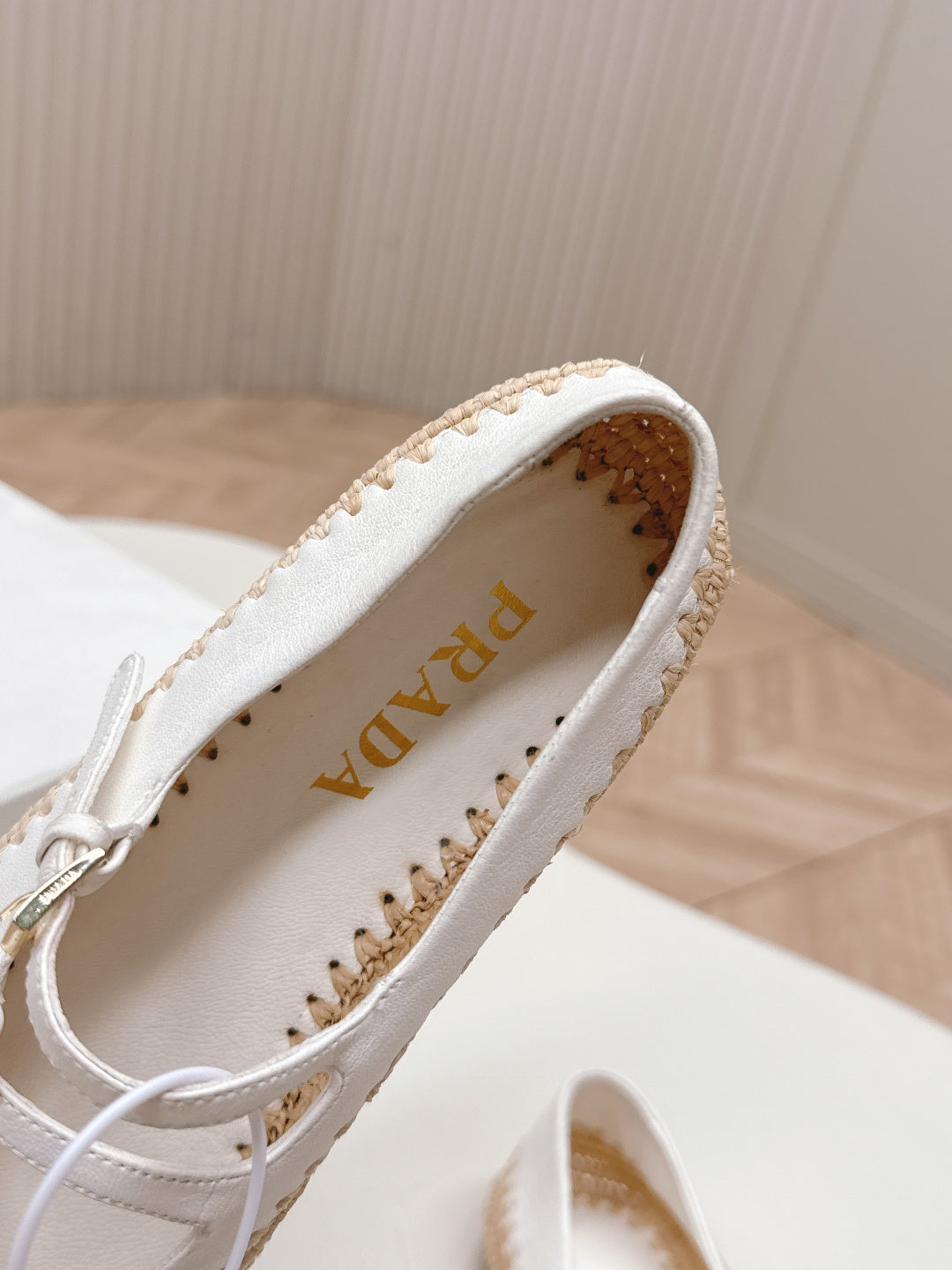 PRADA 26S MARY JANE ESPADRILLES SHOES IN WHITE CALFSKIN WITH LOGO