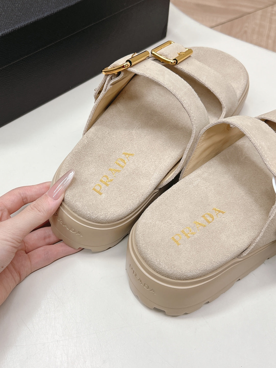PRADA 26S DOUBLE STRAP PLATFORM SLIDES SANDALS IN BEIGE SUEDE