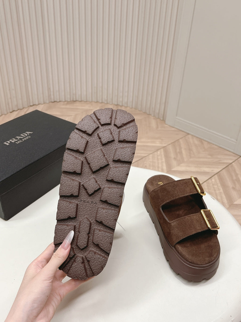PRADA 26S DOUBLE STRAP PLATFORM SLIDES SANDALS IN BROWN SUEDE