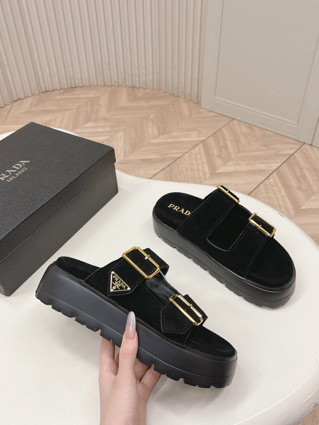PRADA 26S DOUBLE STRAP PLATFORM SLIDES SANDALS IN BLACK SUEDE