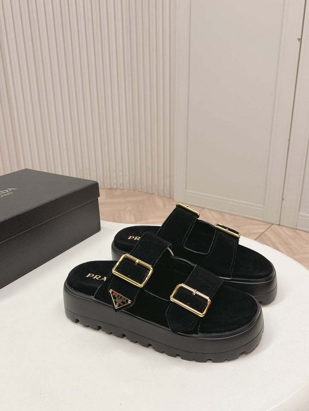 PRADA 26S DOUBLE STRAP PLATFORM SLIDES SANDALS IN BLACK SUEDE