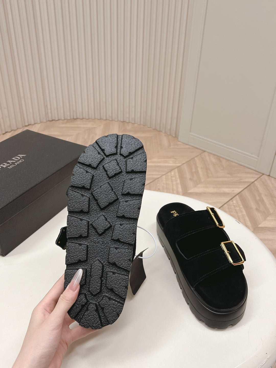 PRADA 26S DOUBLE STRAP PLATFORM SLIDES SANDALS IN BLACK SUEDE