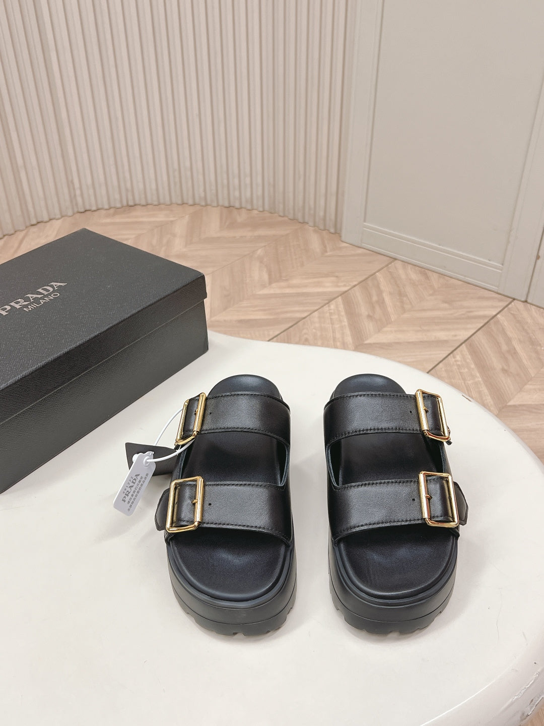 PRADA 26S DOUBLE STRAP PLATFORM SLIDES SANDALS IN BLACK CALFSKIN