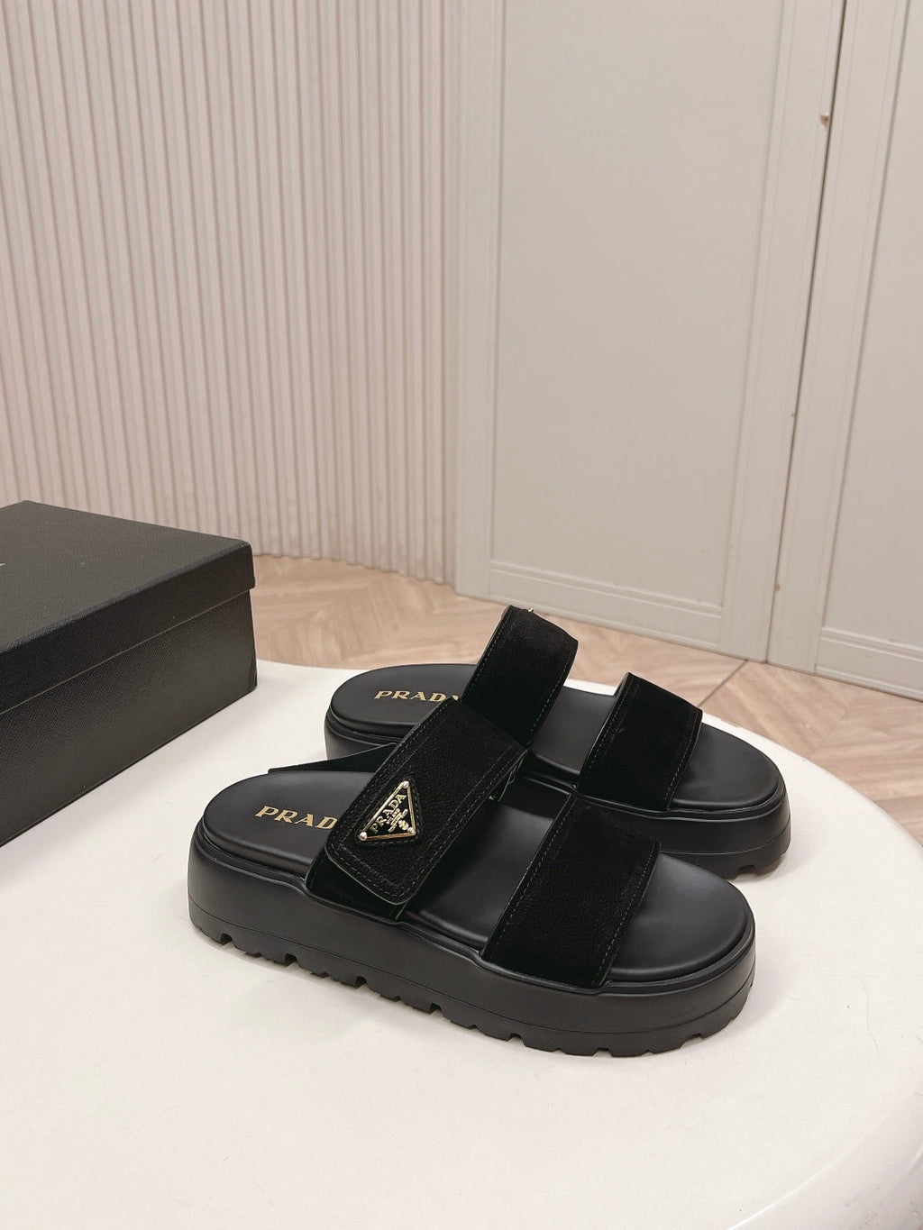 PRADA 26S DOUBLE STRAP PLATFORM SLIDES IN BLACK CALFSKIN WITH VELCRO