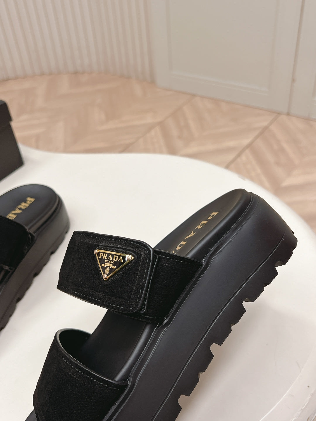 PRADA 26S DOUBLE STRAP PLATFORM SLIDES IN BLACK CALFSKIN WITH VELCRO