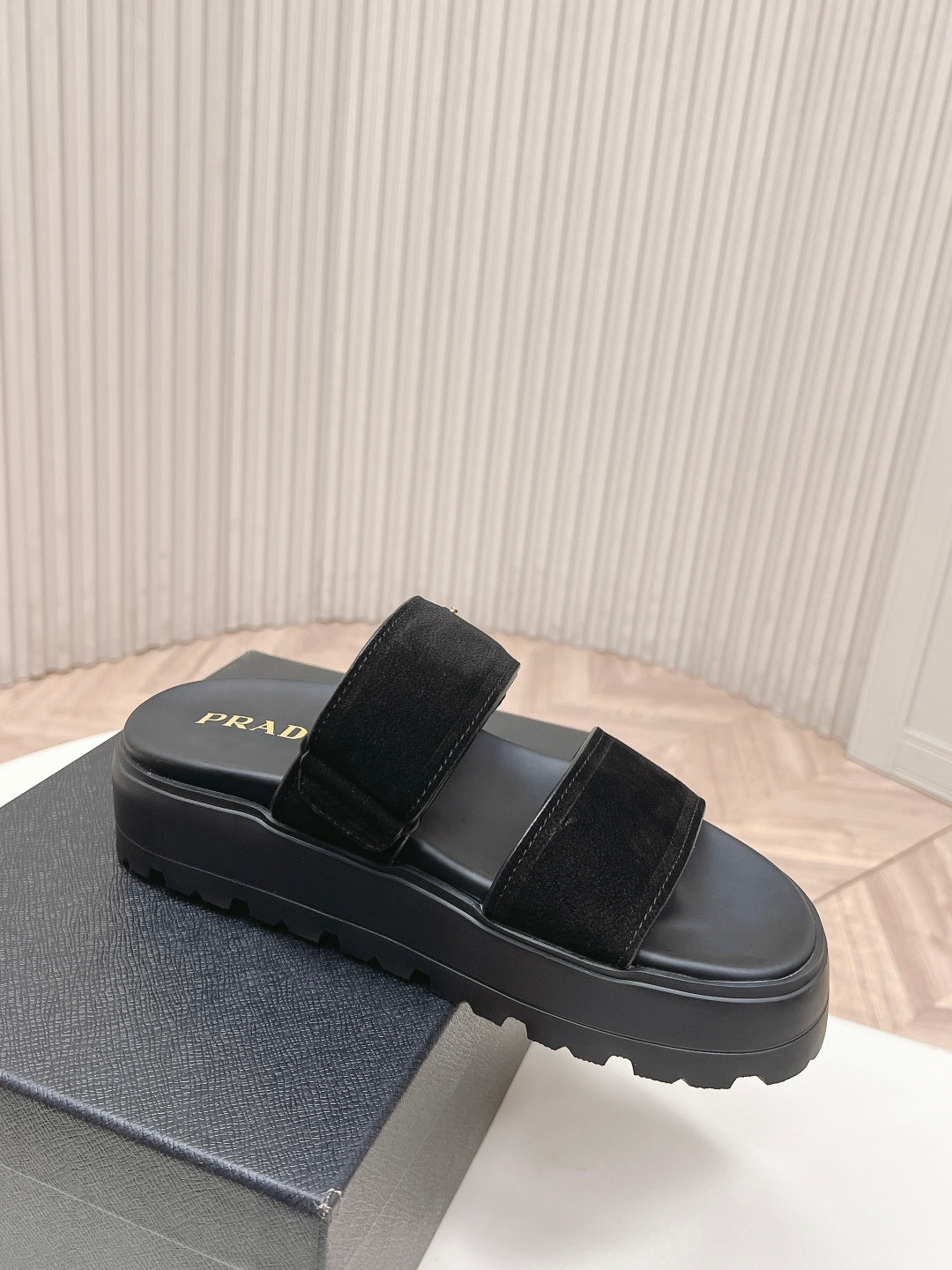 PRADA 26S DOUBLE STRAP PLATFORM SLIDES IN BLACK CALFSKIN WITH VELCRO