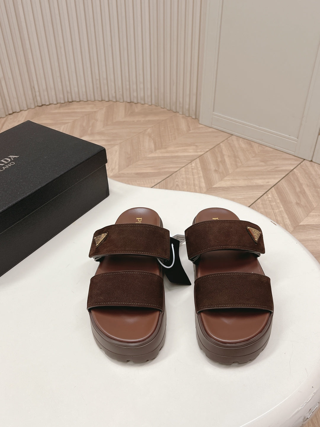 PRADA 26S DOUBLE STRAP PLATFORM SLIDES IN BROWN CALFSKIN WITH VELCRO
