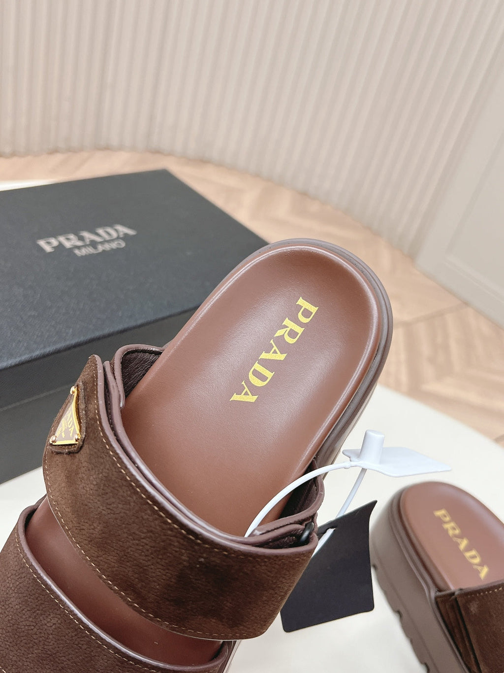PRADA 26S DOUBLE STRAP PLATFORM SLIDES IN BROWN CALFSKIN WITH VELCRO