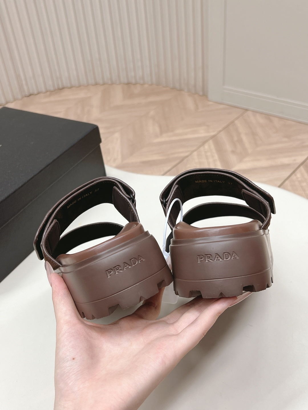 PRADA 26S DOUBLE STRAP PLATFORM SLIDES IN BROWN CALFSKIN WITH VELCRO