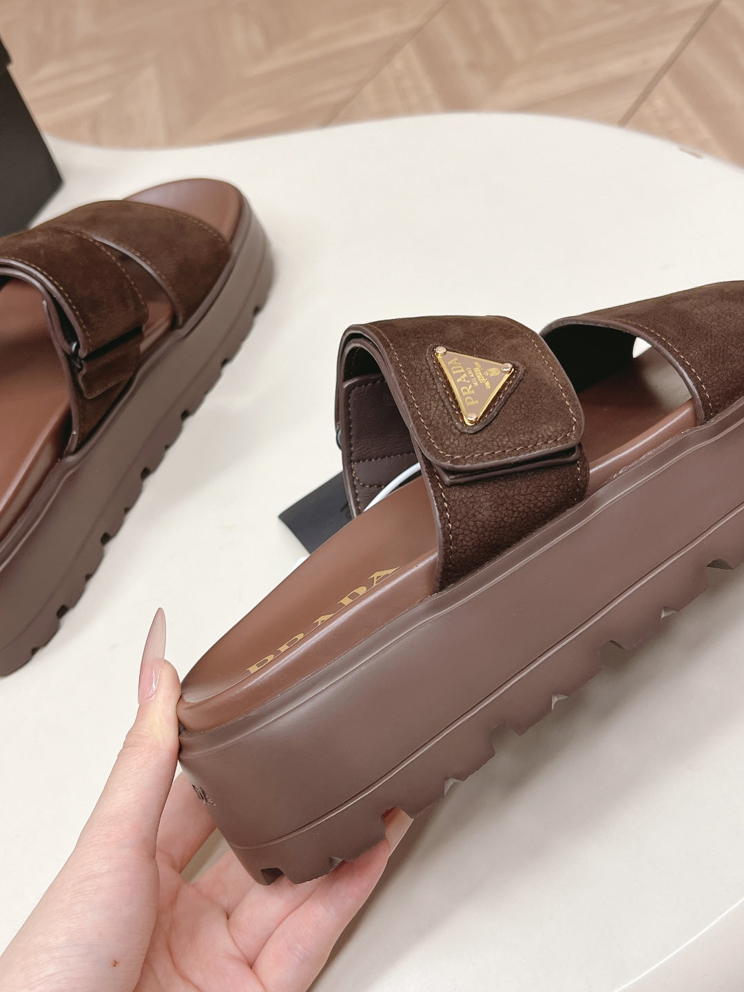 PRADA 26S DOUBLE STRAP PLATFORM SLIDES IN BROWN CALFSKIN WITH VELCRO