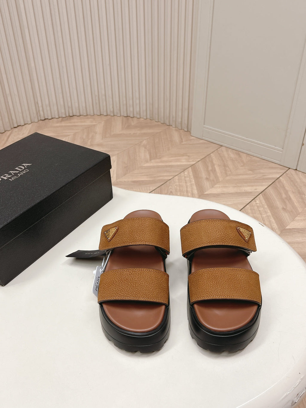 PRADA 26S DOUBLE STRAP PLATFORM SLIDES IN CARAMEL BROWN CALFSKIN WITH VELCRO