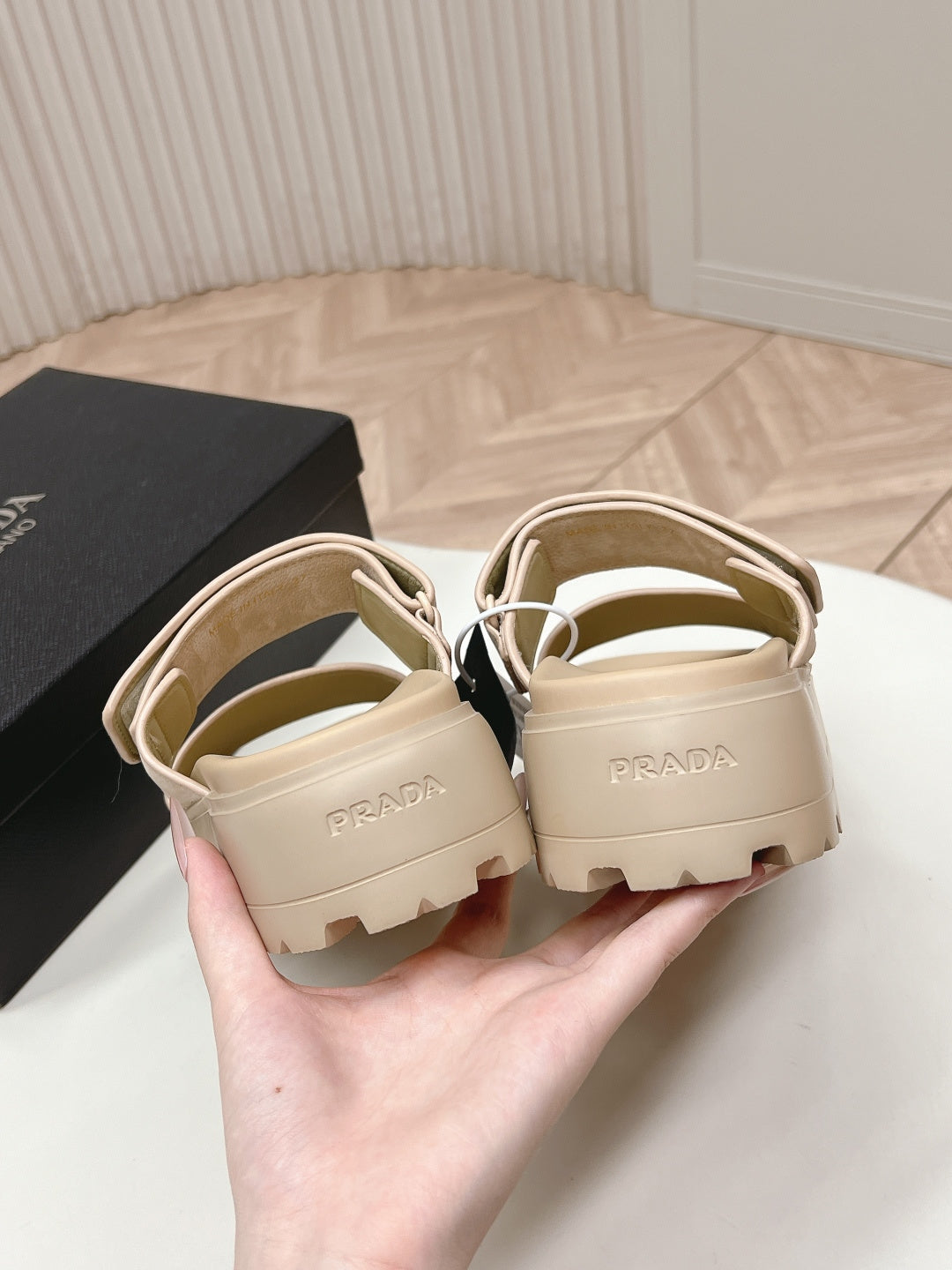 PRADA 26S DOUBLE STRAP PLATFORM SLIDES IN BEIGE CALFSKIN WITH VELCRO