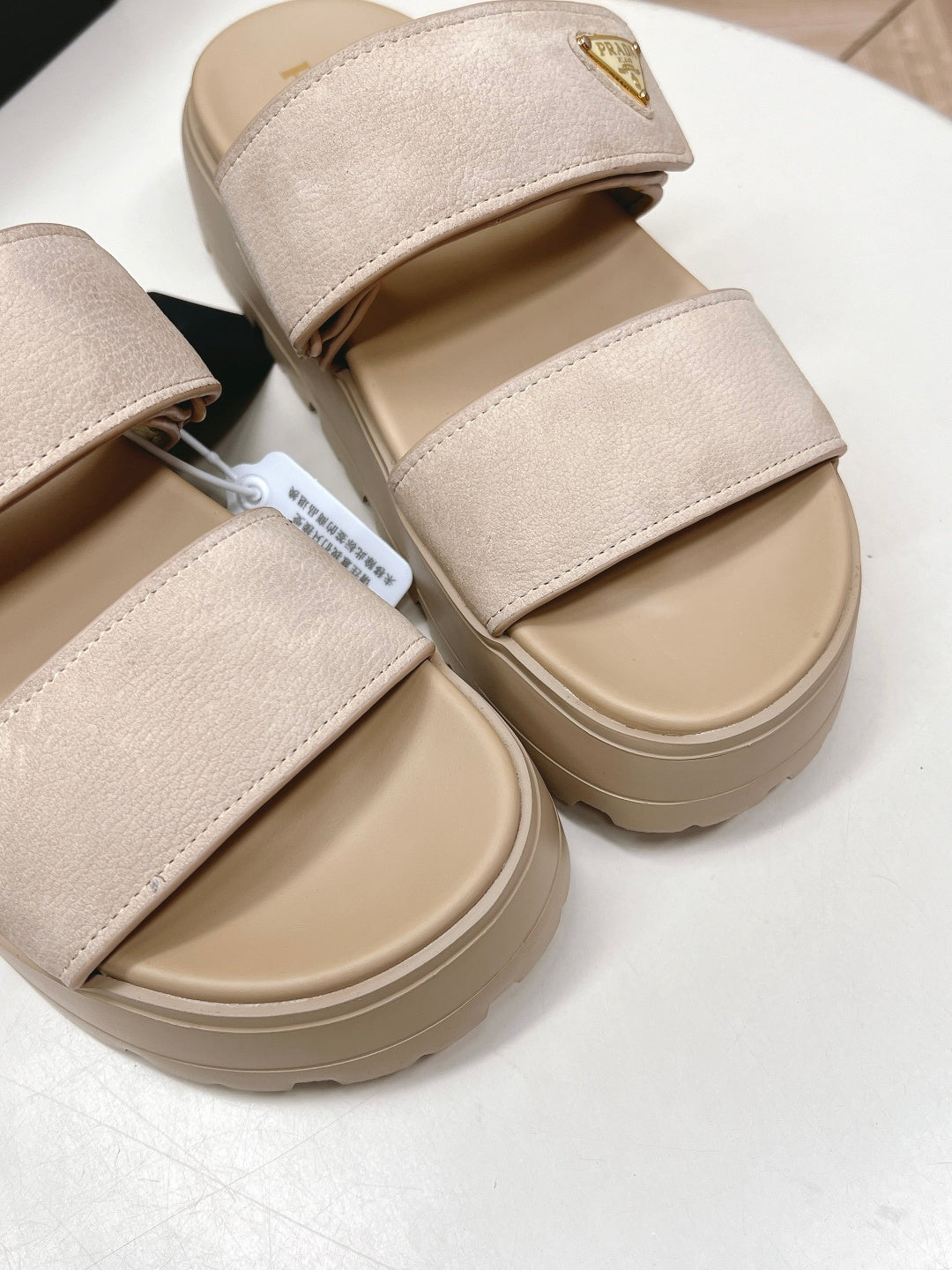 PRADA 26S DOUBLE STRAP PLATFORM SLIDES IN BEIGE CALFSKIN WITH VELCRO