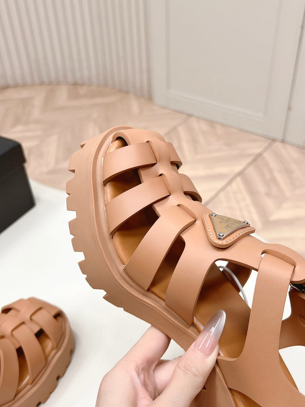 PRADA 26S CAGED PLATFORM HEEL SANDALS IN CARAMEL BROWN CALFSKIN