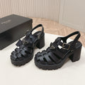 PRADA 26S CAGED PLATFORM HEEL SANDALS IN BLACK CALFSKIN
