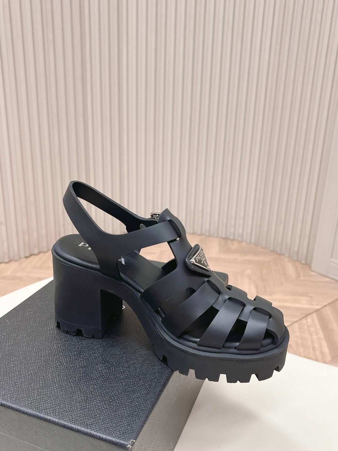 PRADA 26S CAGED PLATFORM HEEL SANDALS IN BLACK CALFSKIN