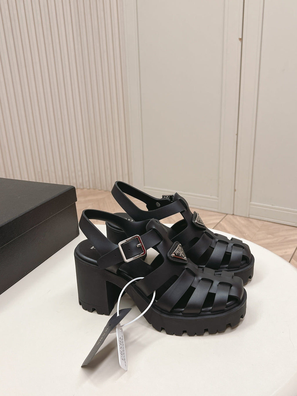 PRADA 26S CAGED PLATFORM HEEL SANDALS IN BLACK CALFSKIN