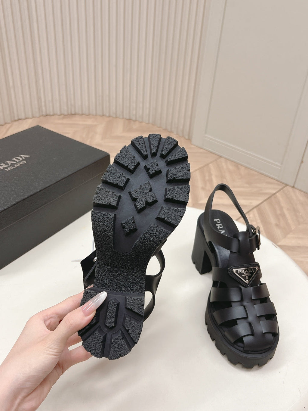 PRADA 26S CAGED PLATFORM HEEL SANDALS IN BLACK CALFSKIN