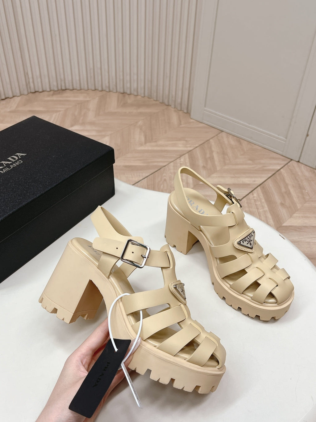 PRADA 26S CAGED PLATFORM HEEL SANDALS IN BEIGE CALFSKIN