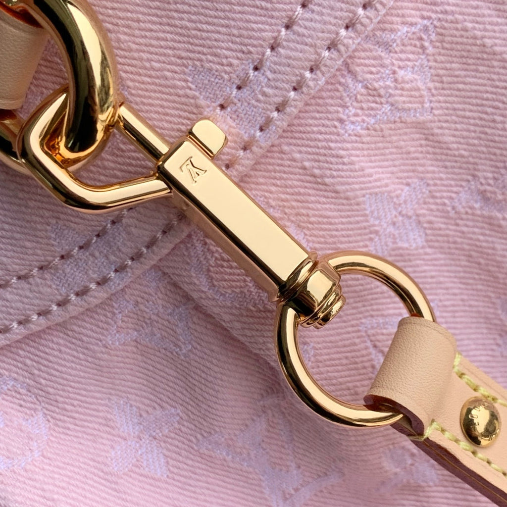 SUNSET 27 IN WASHED PINK MONOGRAM DENIM GOLD BUCKLE