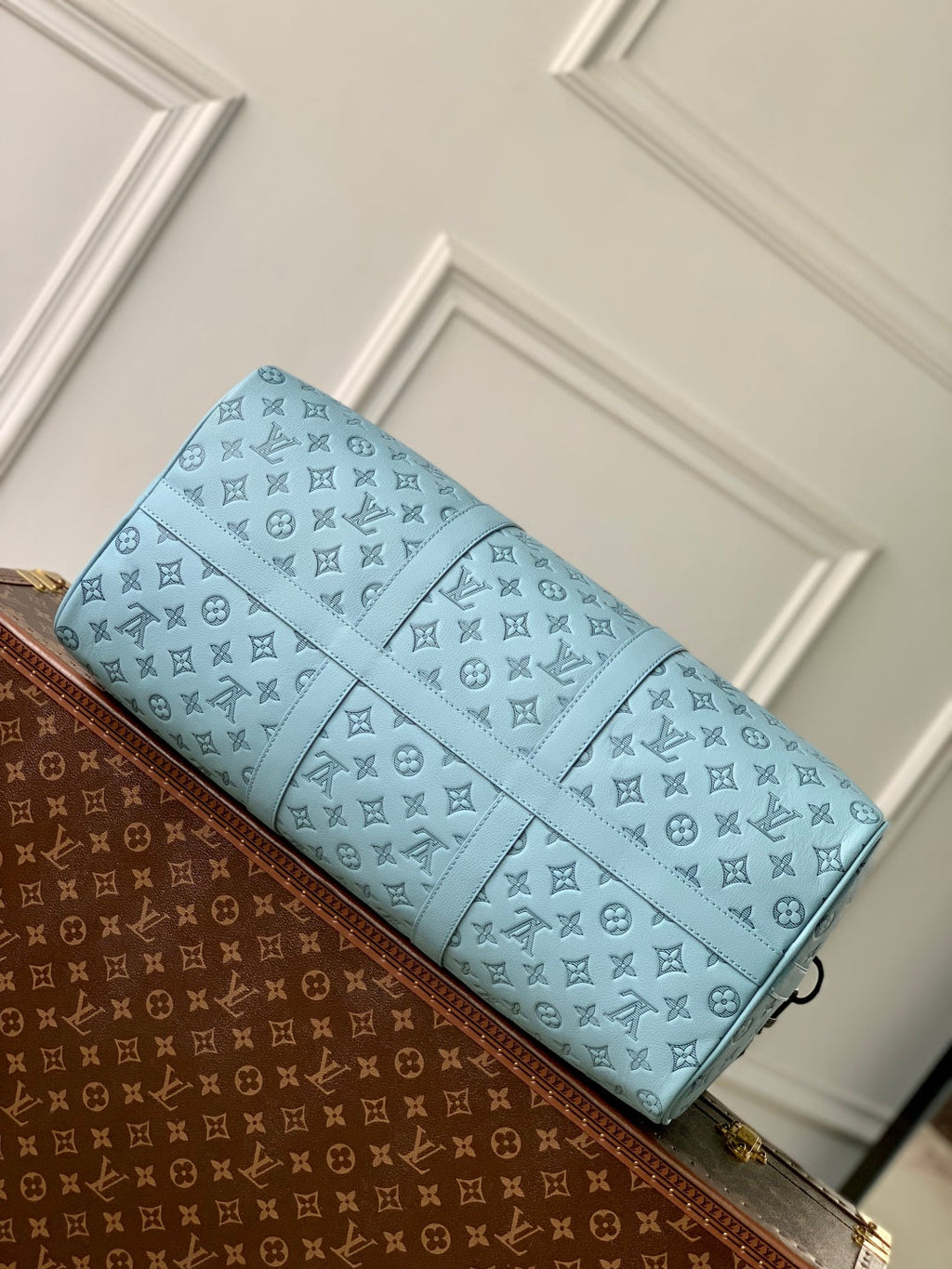 KEEPALL BANDOULIÈRE 50 IN SKY BLUE MONOGRAM SHADOW EMBOSSED CALFSKIN