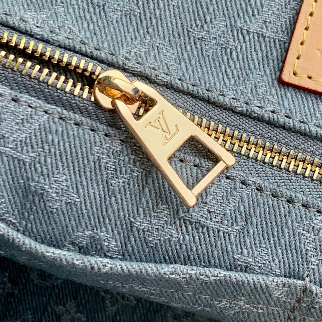 ONTHEGO ORGANIZER 35 IN GREY MONOGRAM DENIM LIGHT BROWN CALFSKIN