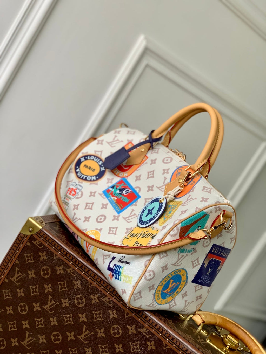 SPEEDY SOFT 30 IN WHITE MONOGRAM DUNE CANVAS AND CALFSKIN