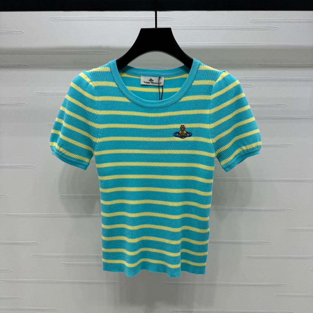 VIVIENE 25S SHORT SLEEVE STRIPED ROUND NECK KNIT SWEATER 264250