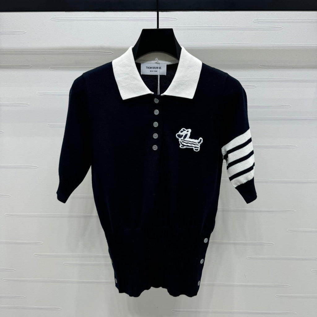 THOM SHORT-SLEEVE KNIT SWEATER WITH EMBROIDERED DOG MOTIF 274850