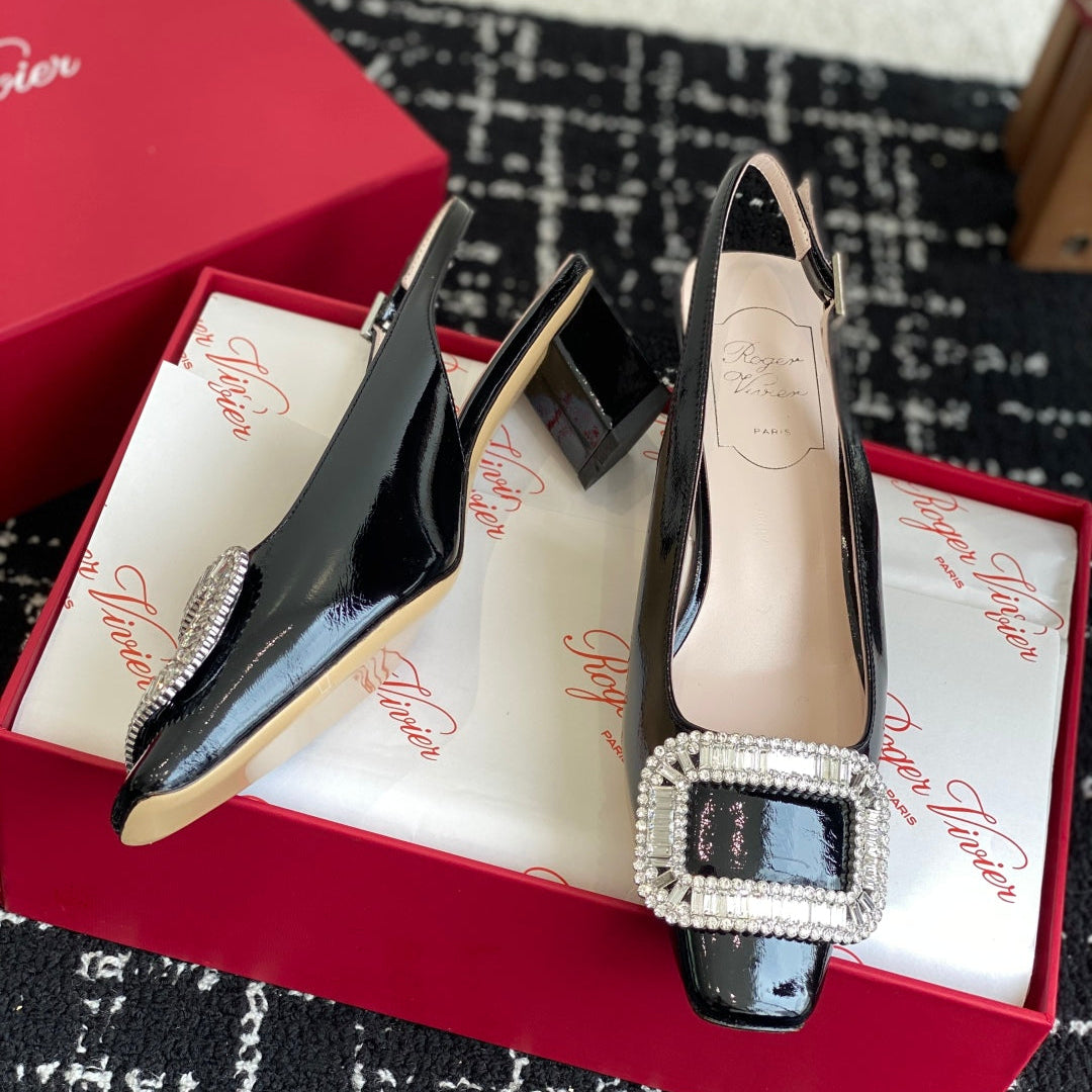 ROGER VIVIER 25S VIVIER SLINGBACK 45MM IN BLACK CALFSKIN EMBELLISHED CRYSTALS