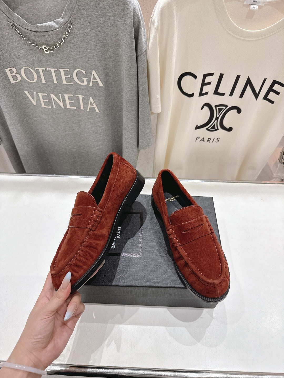 YSL 25S LOAFERS IN RED MAHOGANY SUEDE WITH GOLD HARDWARE