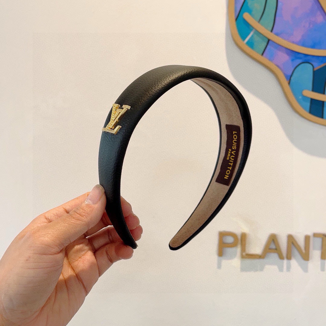 LV HEADBAND IN BLACK CALFSKIN GOLD HARDWARE