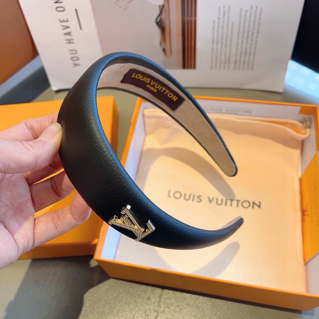 LV HEADBAND IN BLACK CALFSKIN GOLD HARDWARE