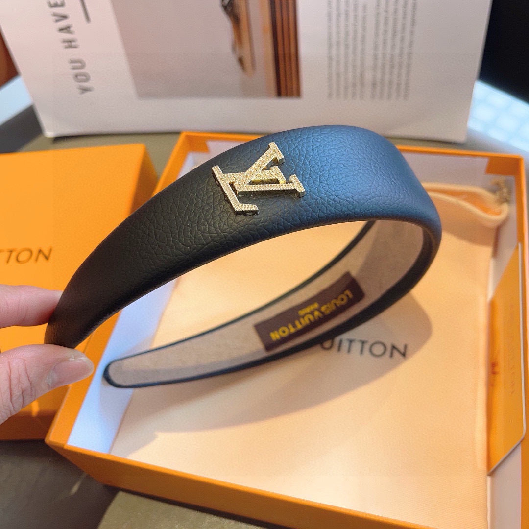LV HEADBAND IN BLACK CALFSKIN GOLD HARDWARE