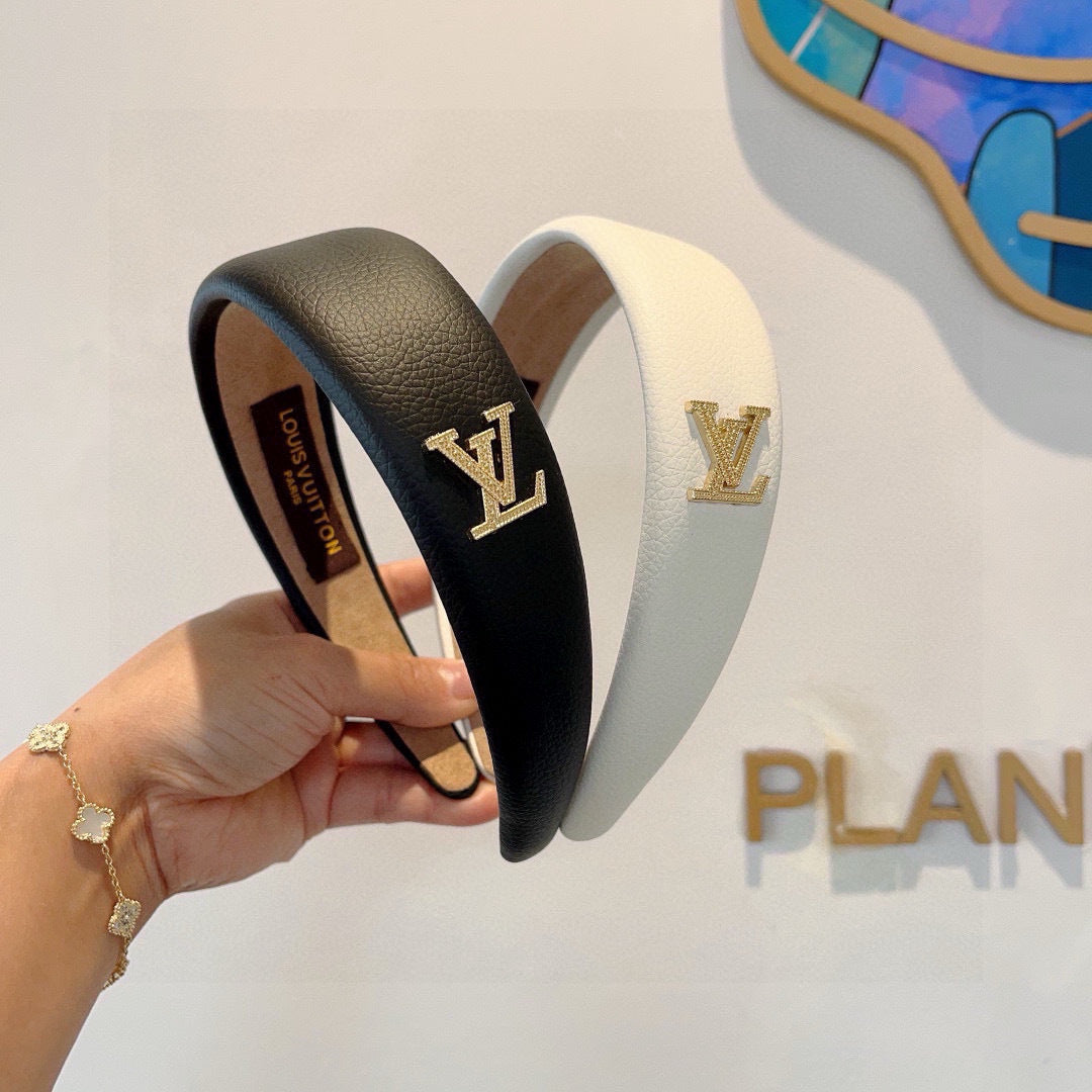 LV HEADBAND IN BLACK CALFSKIN GOLD HARDWARE