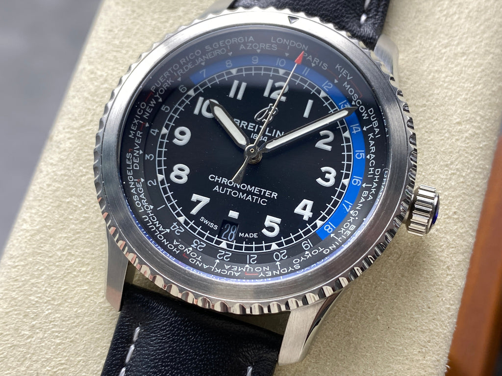AVIATOR 8 AUTOMATIC STEEL CASE BLACK MIX BLUE DIAL BLACK CALFSKIN STRAP