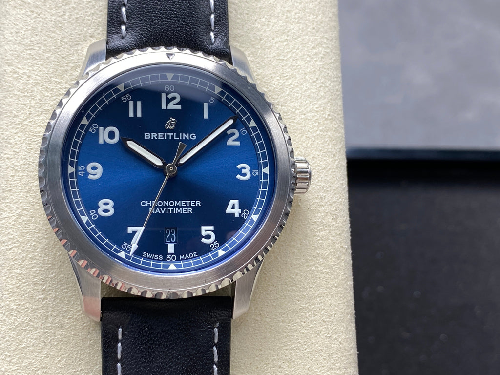 AVIATOR 8 AUTOMATIC STEEL CASE BLUE DIAL BLACK CALFSKIN STRAP