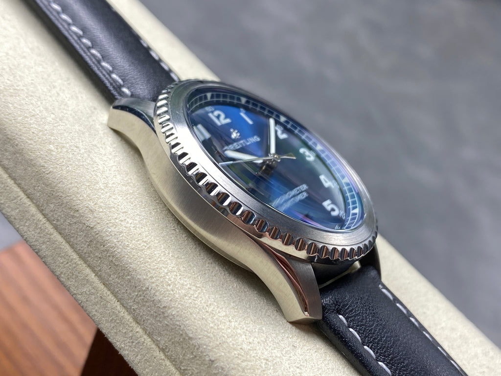 AVIATOR 8 AUTOMATIC STEEL CASE BLUE DIAL BLACK CALFSKIN STRAP