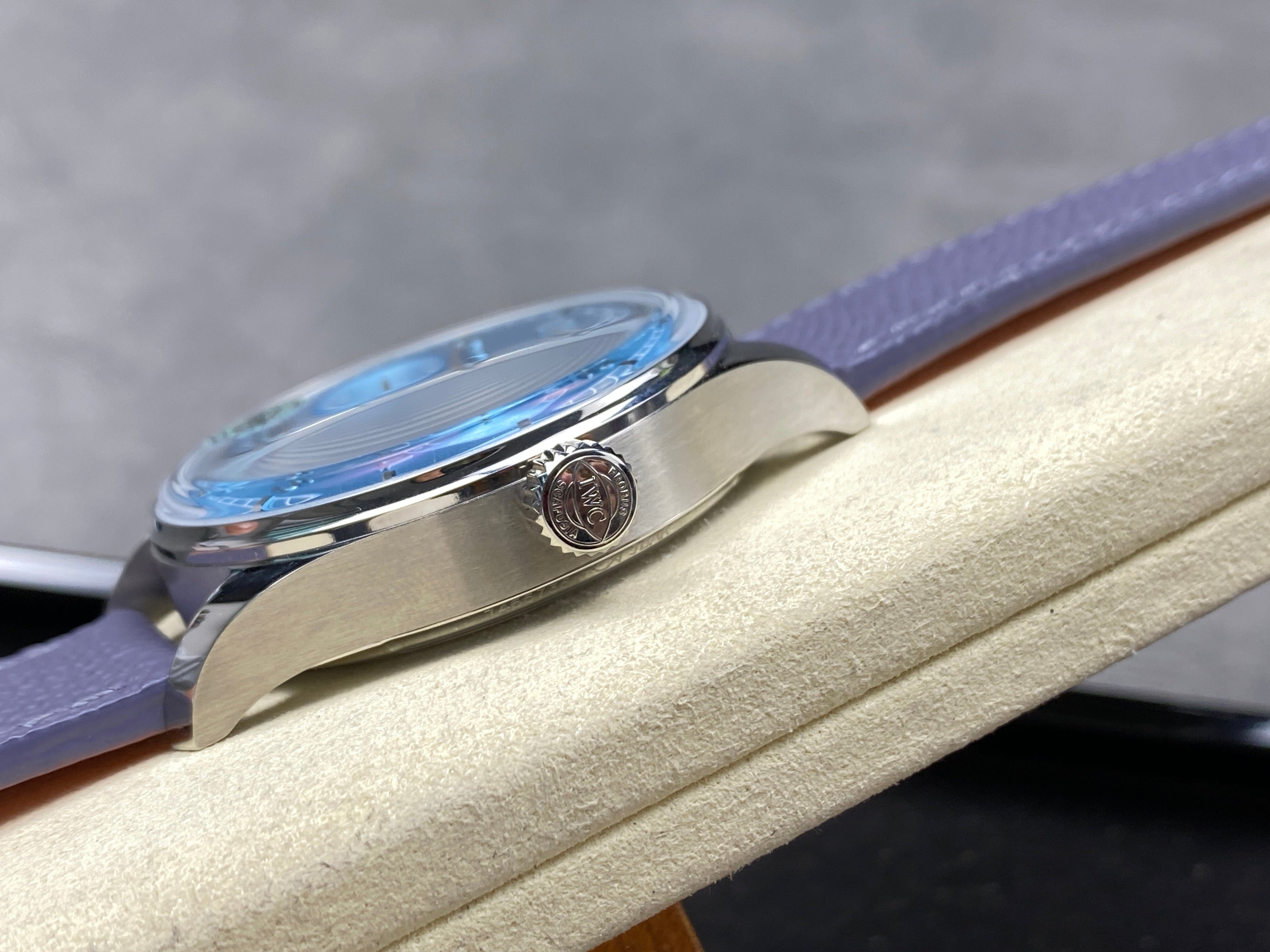 PORTUGIESER AUTOMATIC 42 WATCH SILVER CASE WITH NAVY BLUE LEATHER STRAP AND SAPPHIRE BLUE DIAL
