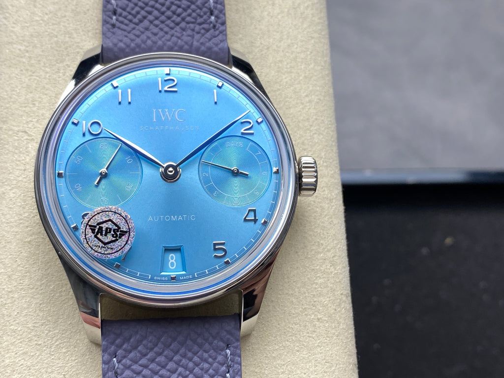 PORTUGIESER AUTOMATIC 42 WATCH SILVER CASE WITH NAVY BLUE LEATHER STRAP AND SAPPHIRE BLUE DIAL