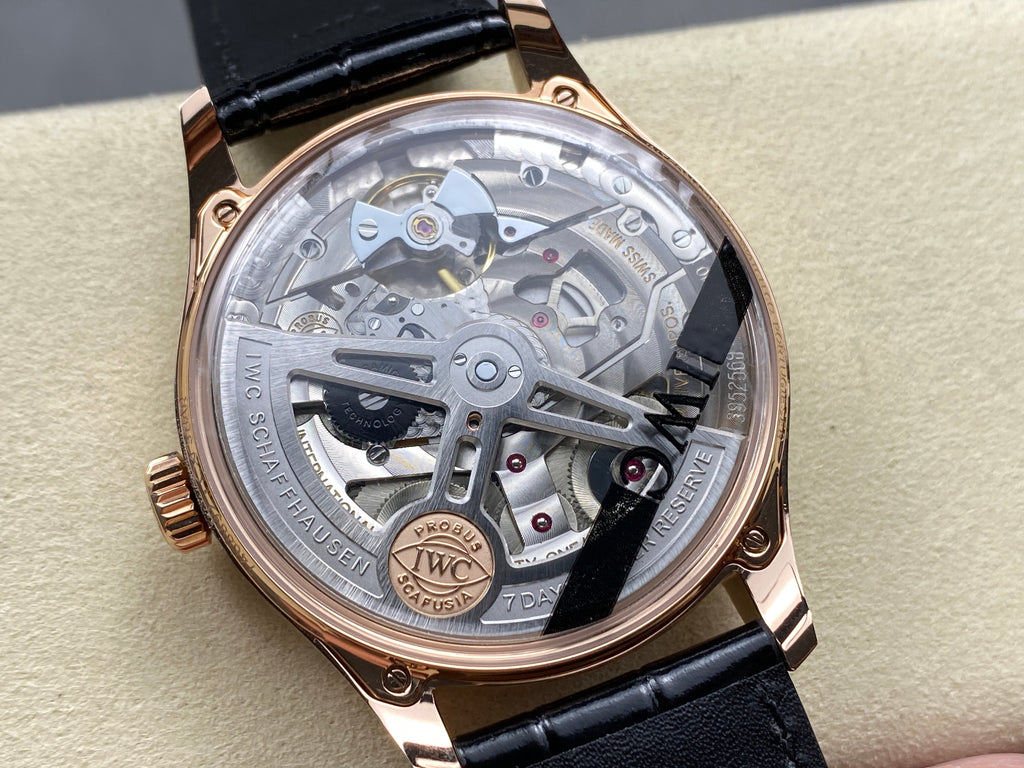 PORTUGIESER AUTOMATIC 42 WATCH ROSE GOLD CASE WITH BLACK DIAL AND LEATHER STRAP