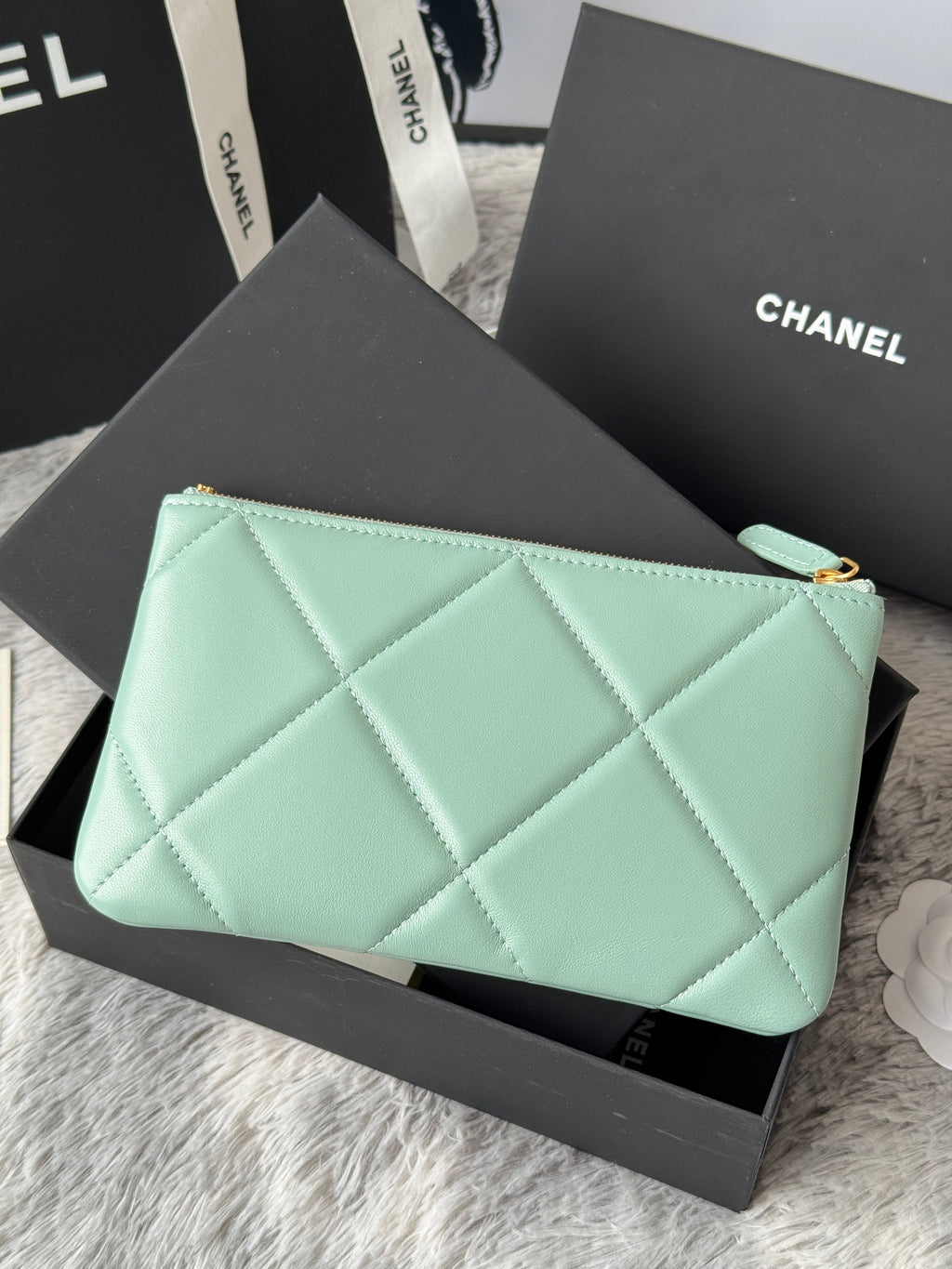 CLASSIC ZIPPER POUCH 20 IN BABY GREEN SMOOTH LAMBSKIN GOLD-TONE HARDWARE