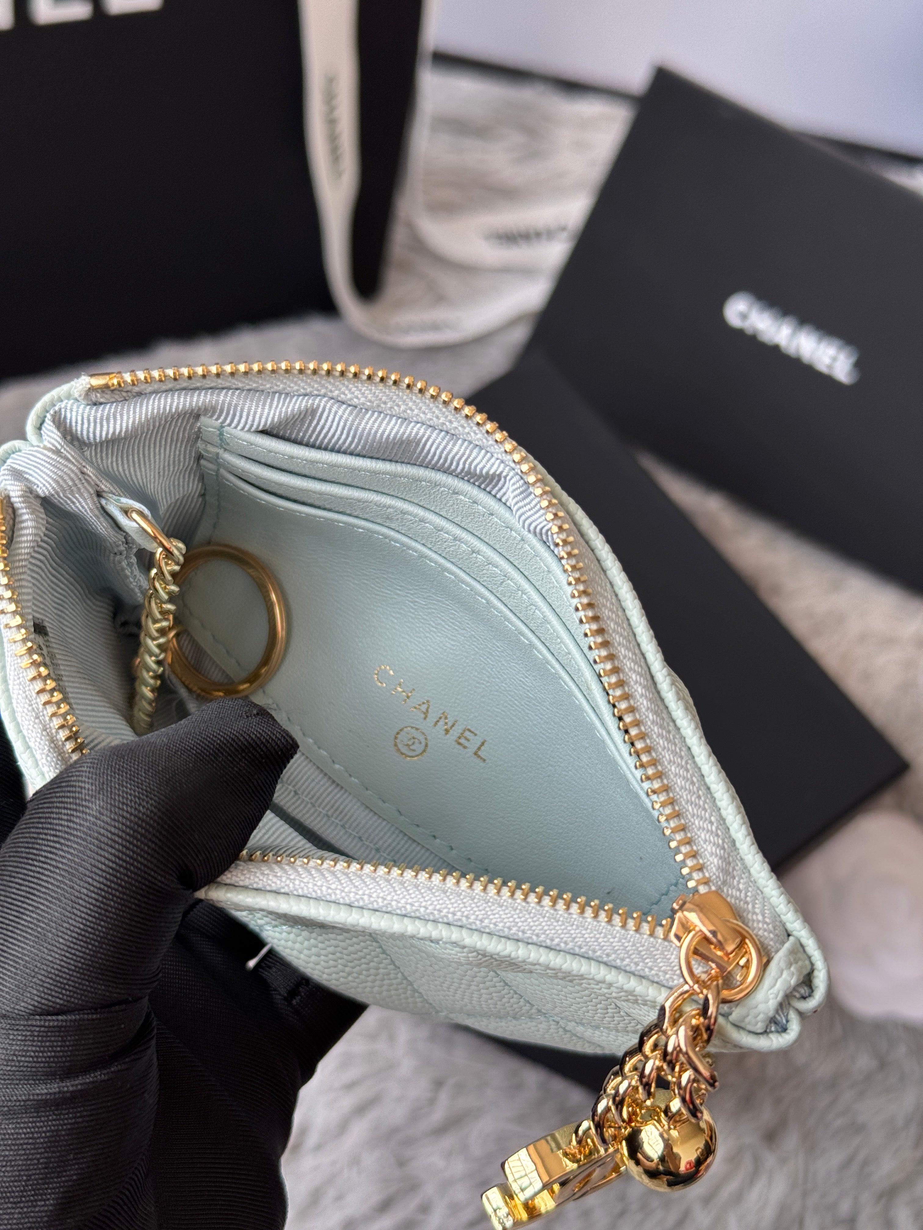 CC CLASSIC ZIPPED POUCH 14 IN MYSTIC GREEN GRAINED CALFSKIN GOLD-TONE CHARM CHAIN
