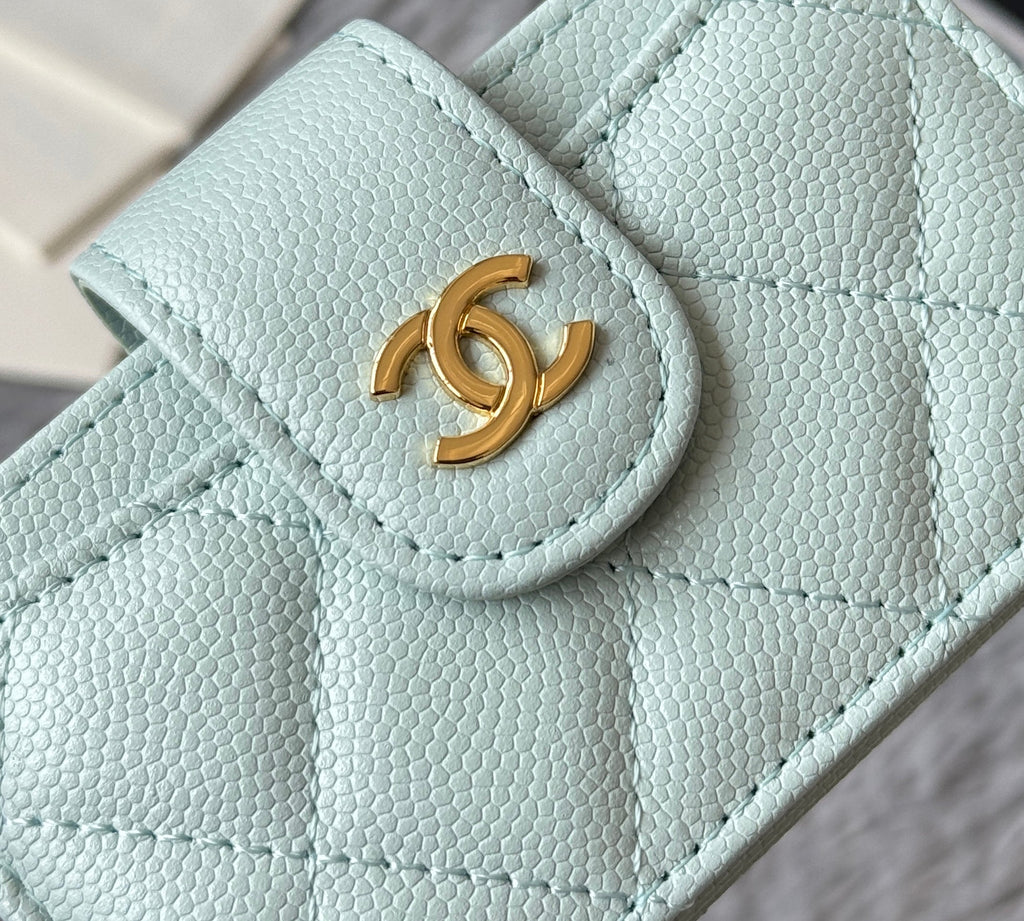 CARD HOLDER 10 CIRCLE CLASP IN BABY GREEN CAVIAR LEATHER GOLD-TONE METALLIC