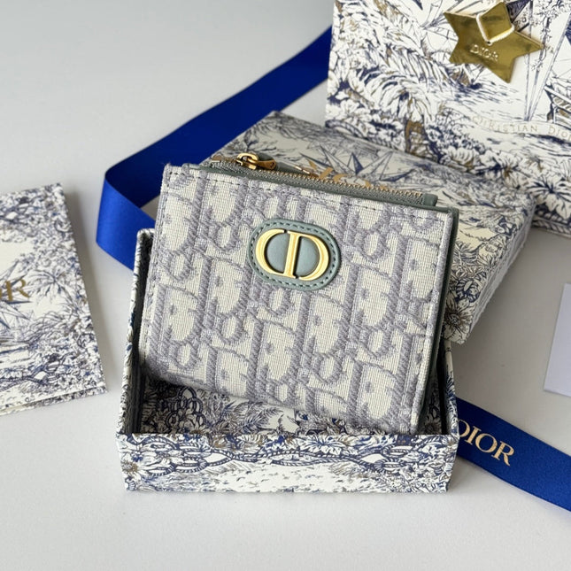 DIOR 25S 30 MONTAIGNE DAHLIA WALLET 11 IN GRAY DIOR OBLIQUE JACQUARD