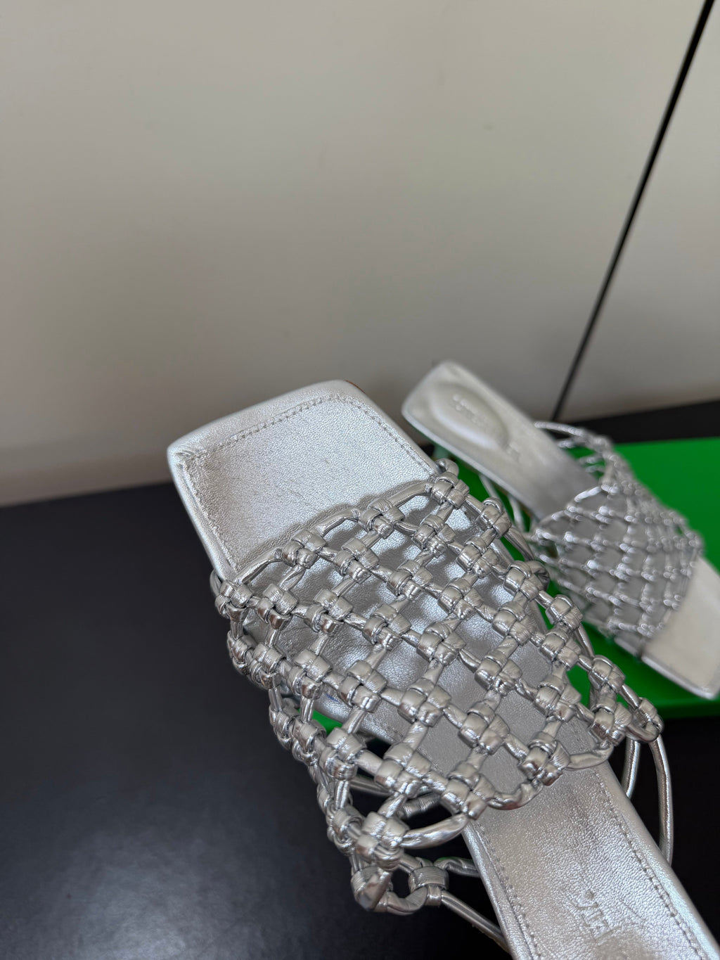 BOTTEGA VENETA 26S WOVEN STRAP HIGH-HEEL SANDALS 55 MM IN SILVER LAMBSKIN